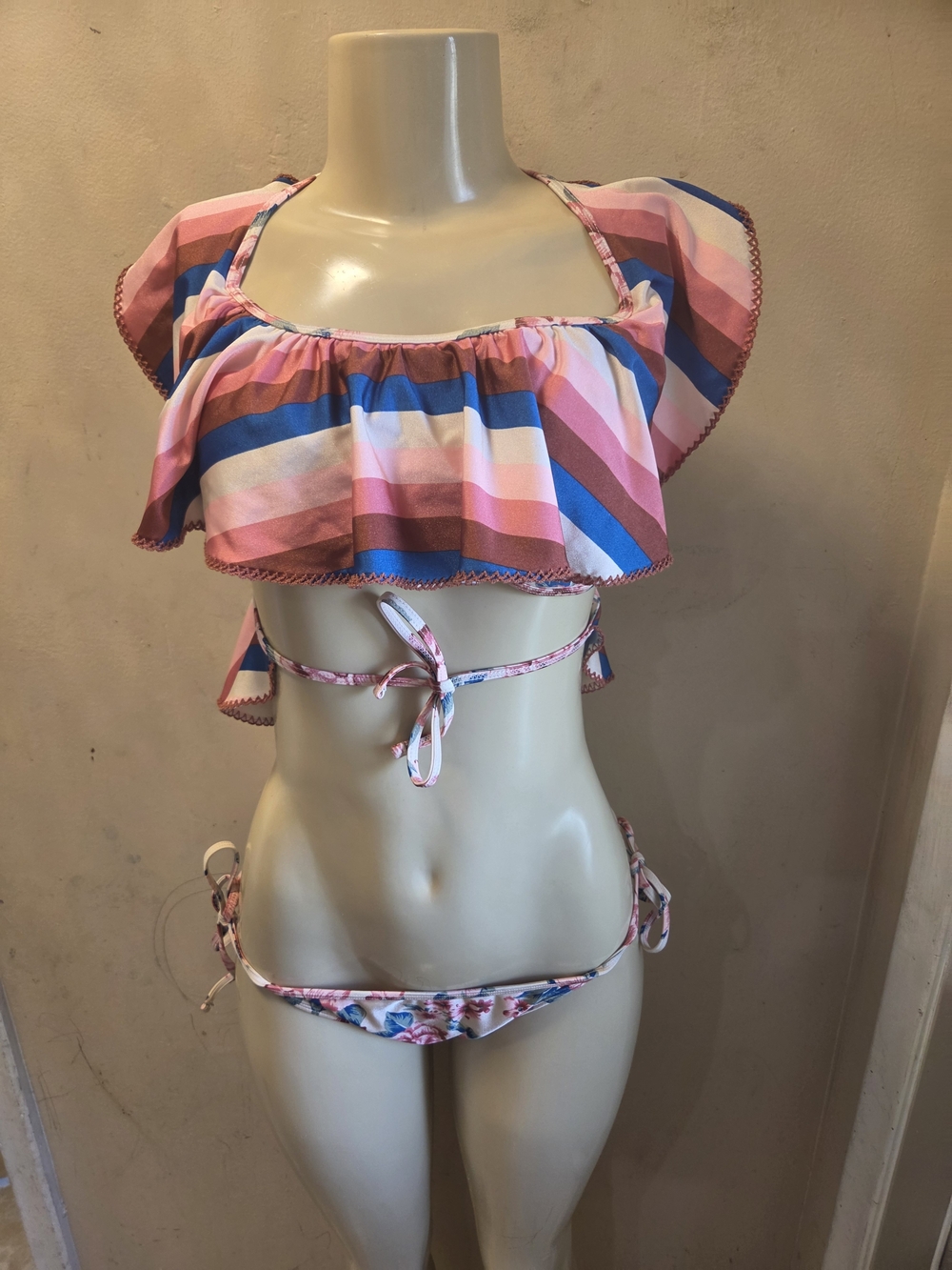 Striped Ruffle Off-Shoulder Bikini Top and Floral Tie-Side Bottom - Pink Multi